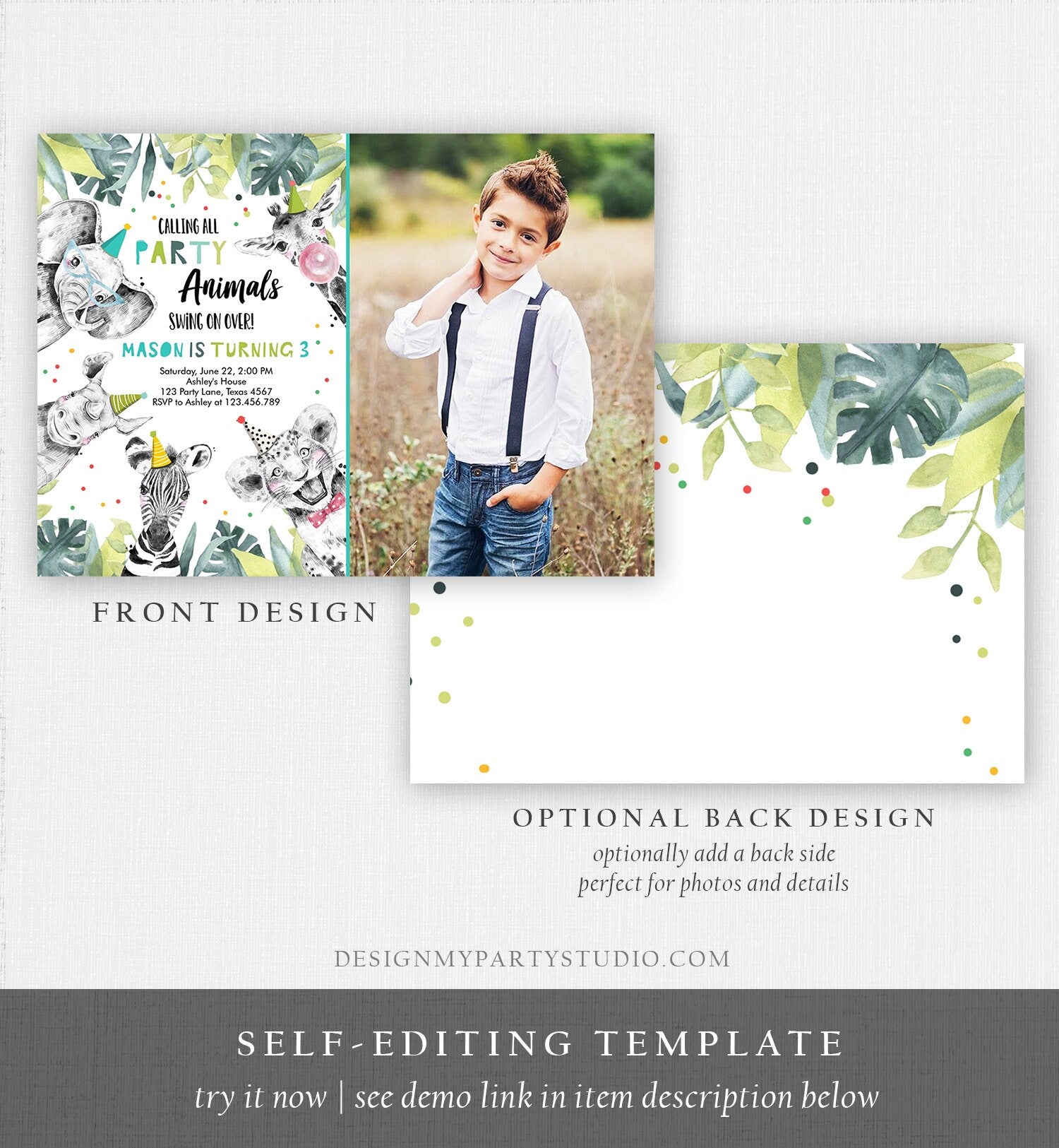 Editable Party Animals Birthday Invitation Wild One Animals Invitation Zoo Safari Animals Boy Digital Download Template Printable 0322