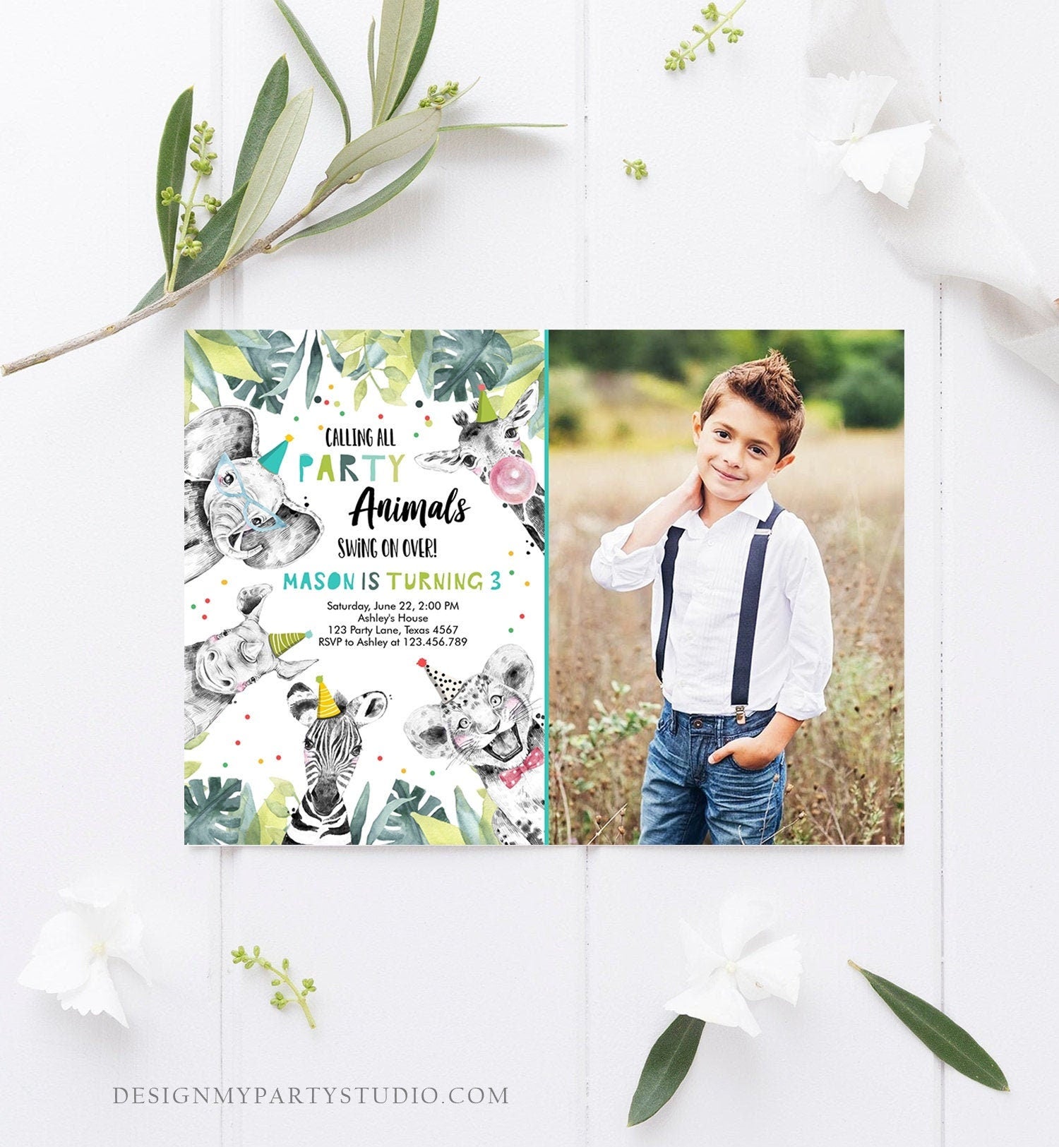 Editable Party Animals Birthday Invitation Wild One Animals Invitation Zoo Safari Animals Boy Digital Download Template Printable 0322