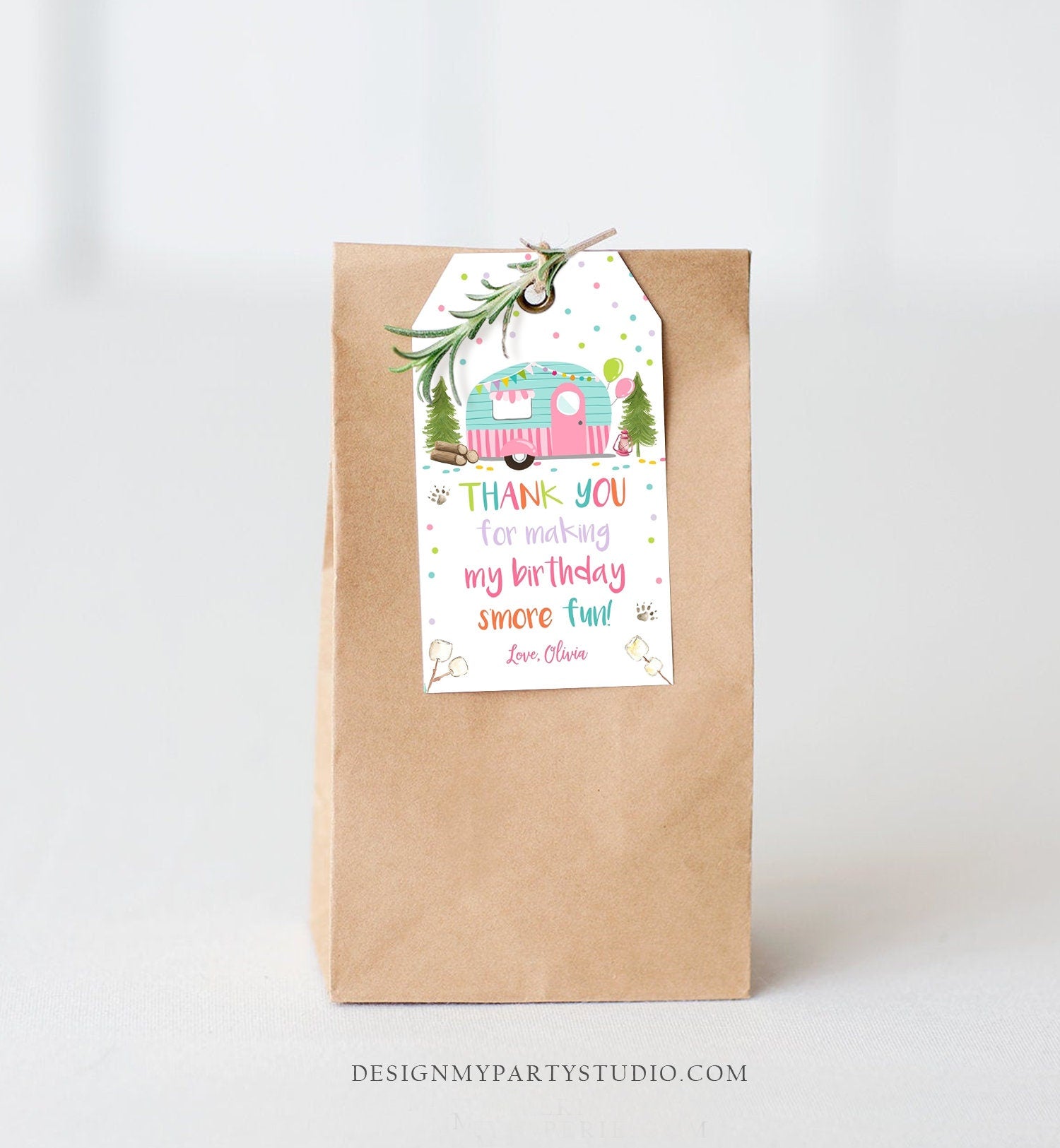 Editable S'more Fun favor Tags Thank you Happy Camper Birthday Party Favor Tags Smore Fun Camping Girl Pink Purple Template PRINTABLE 0342