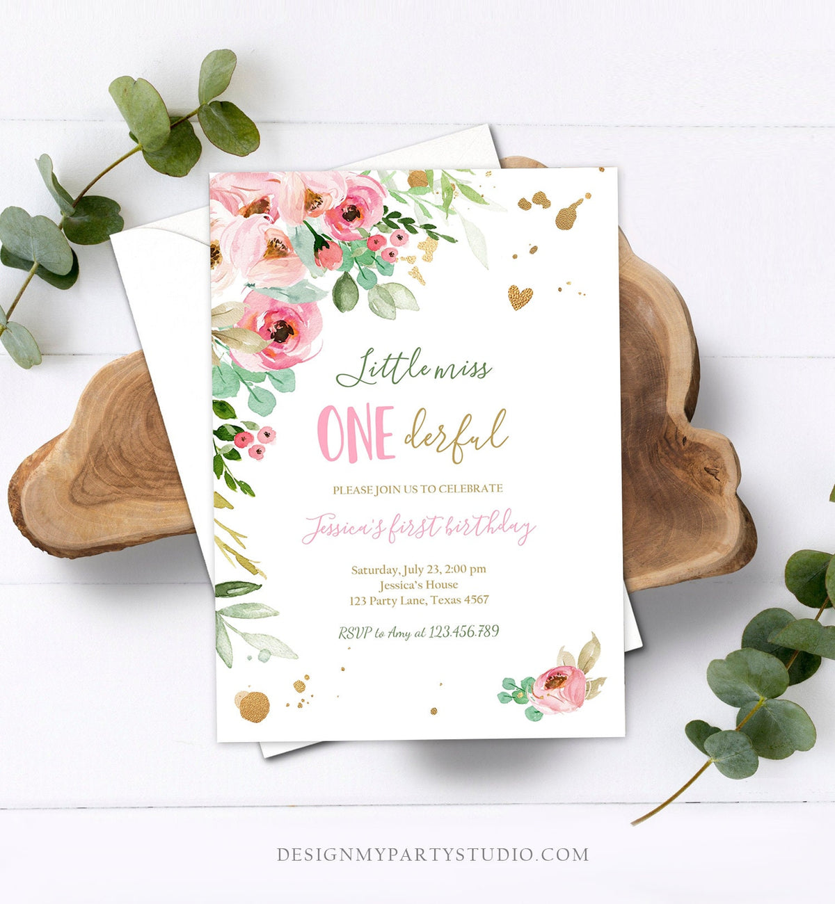 Editable Little Miss Onederful Birthday Invitation 1st Birthday Girl Pink Gold Floral Download Printable Template Corjl Digital 0147