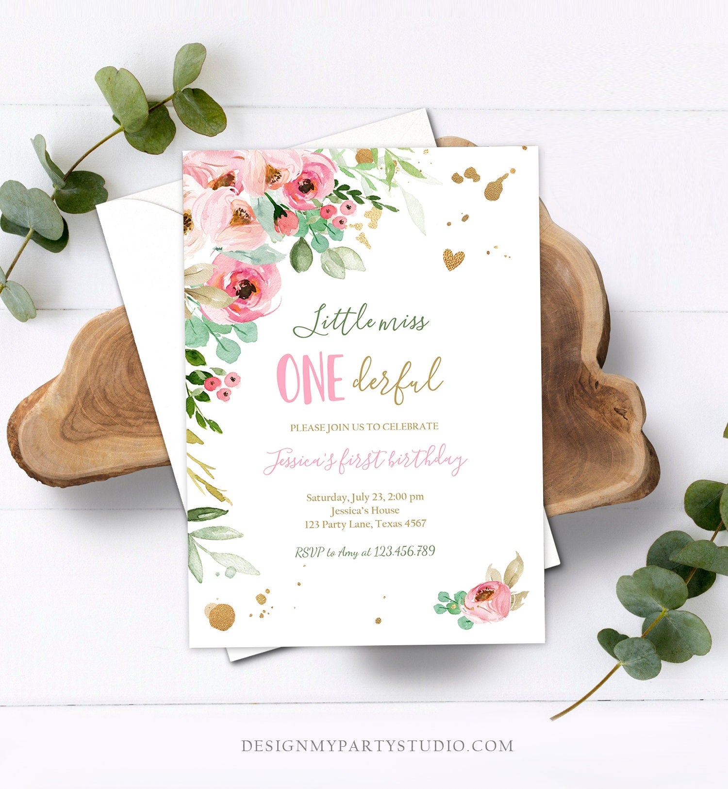 Editable Little Miss Onederful Birthday Invitation 1st Birthday Girl Pink Gold Floral Download Printable Template Corjl Digital 0147