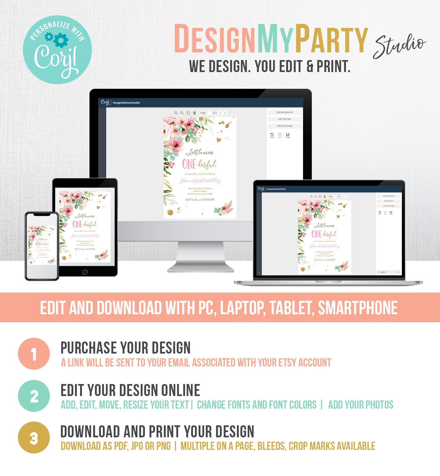 Editable Little Miss Onederful Birthday Invitation 1st Birthday Girl Pink Gold Floral Download Printable Template Corjl Digital 0147