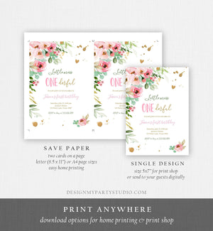 Editable Little Miss Onederful Birthday Invitation 1st Birthday Girl Pink Gold Floral Download Printable Template Corjl Digital 0147