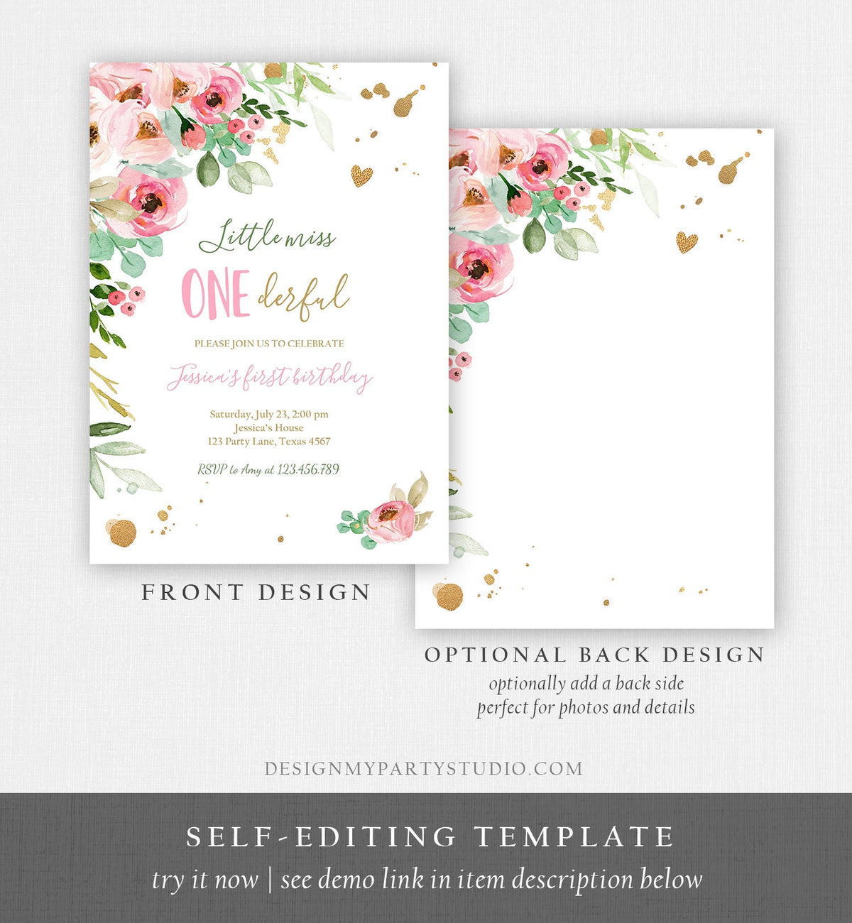 Editable Little Miss Onederful Birthday Invitation 1st Birthday Girl Pink Gold Floral Download Printable Template Corjl Digital 0147