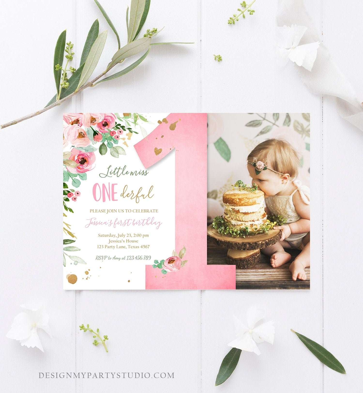 Editable Little Miss Onederful Birthday Invitation 1st Birthday Girl Blush Pink Gold Floral Digital Download Evite Template Printable 0147