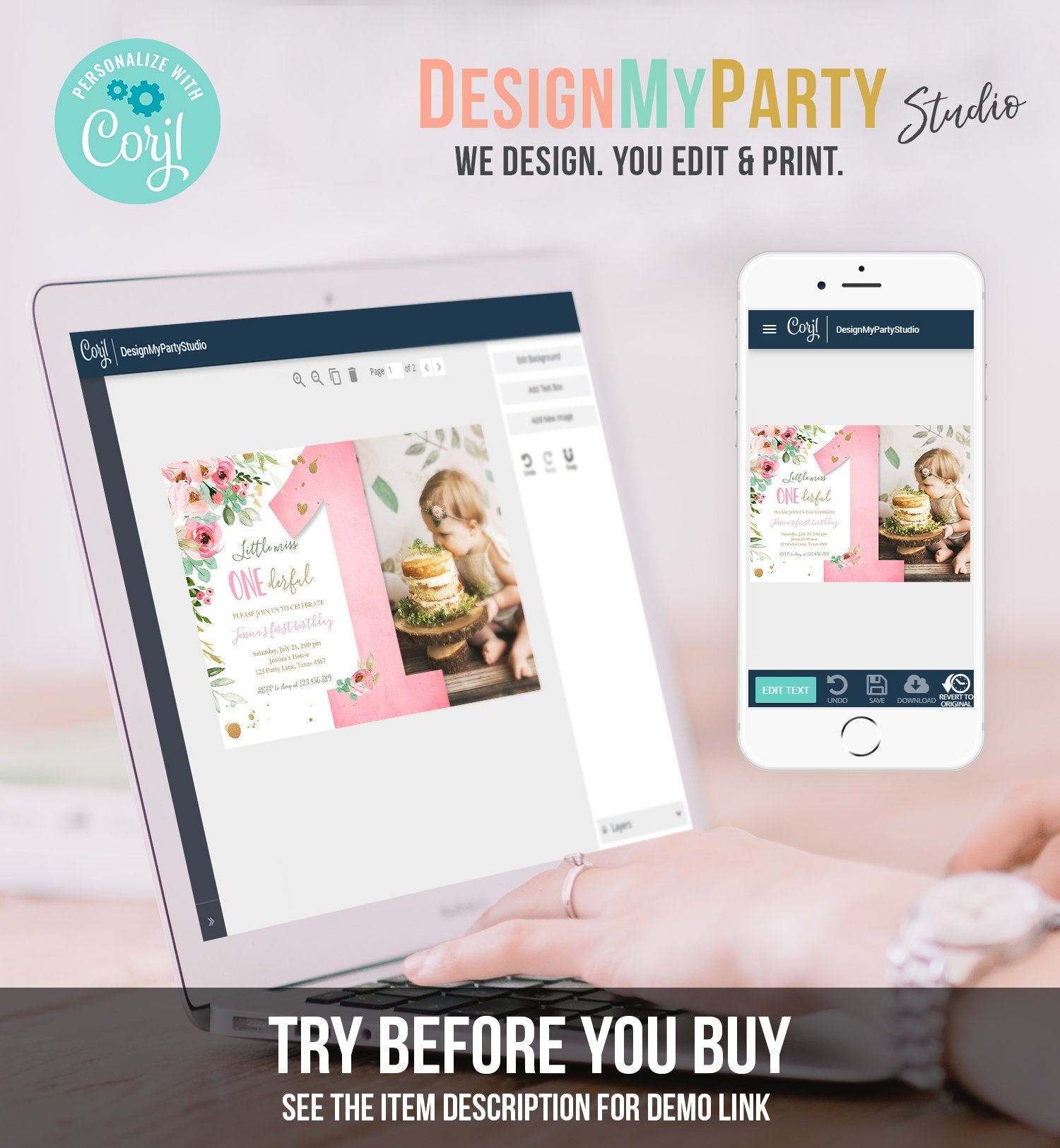 Editable Little Miss Onederful Birthday Invitation 1st Birthday Girl Blush Pink Gold Floral Digital Download Evite Template Printable 0147