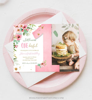 Editable Little Miss Onederful Birthday Invitation 1st Birthday Girl Blush Pink Gold Floral Download Printable Template Corjl Digital 0147