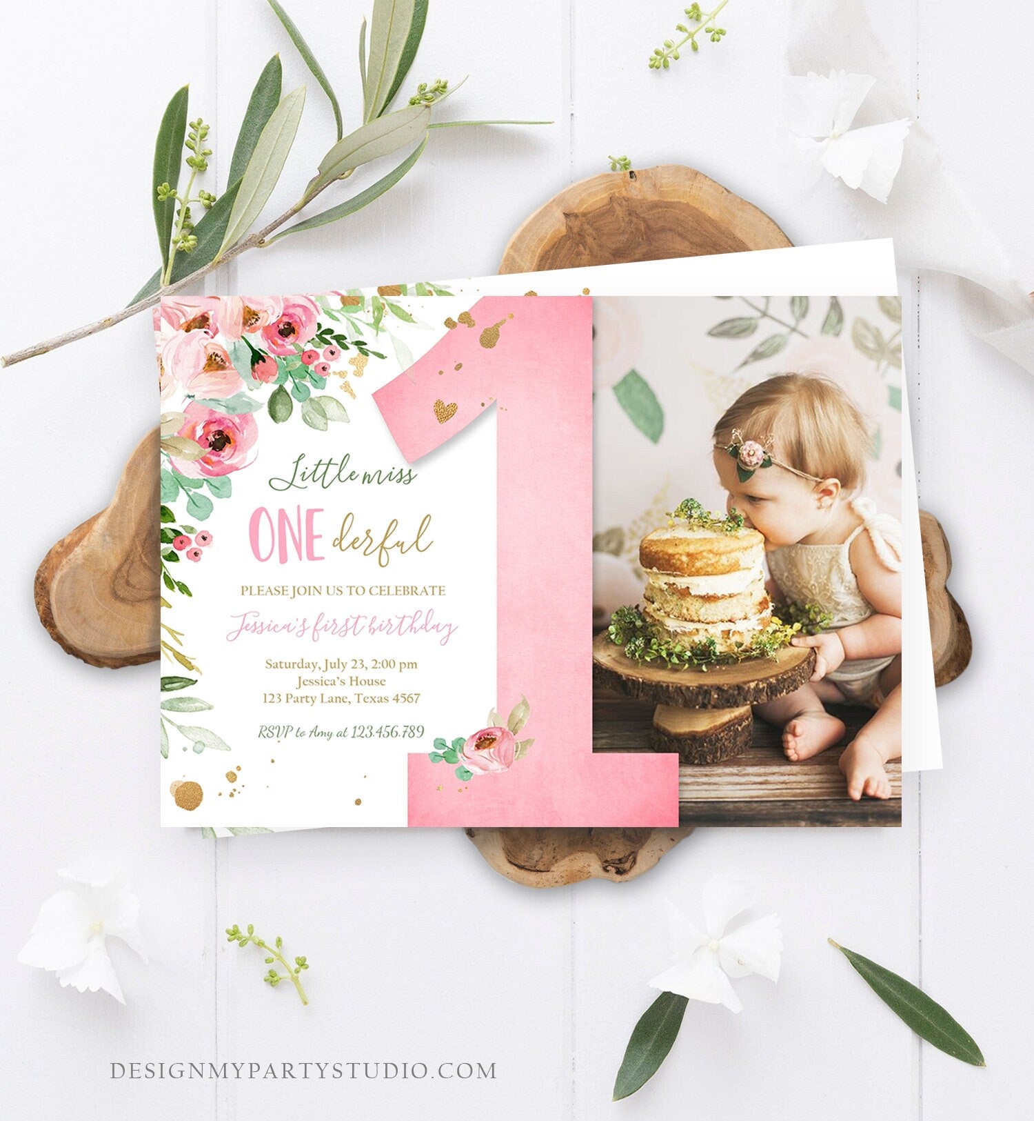Editable Little Miss Onederful Birthday Invitation 1st Birthday Girl Blush Pink Gold Floral Digital Download Evite Template Printable 0147