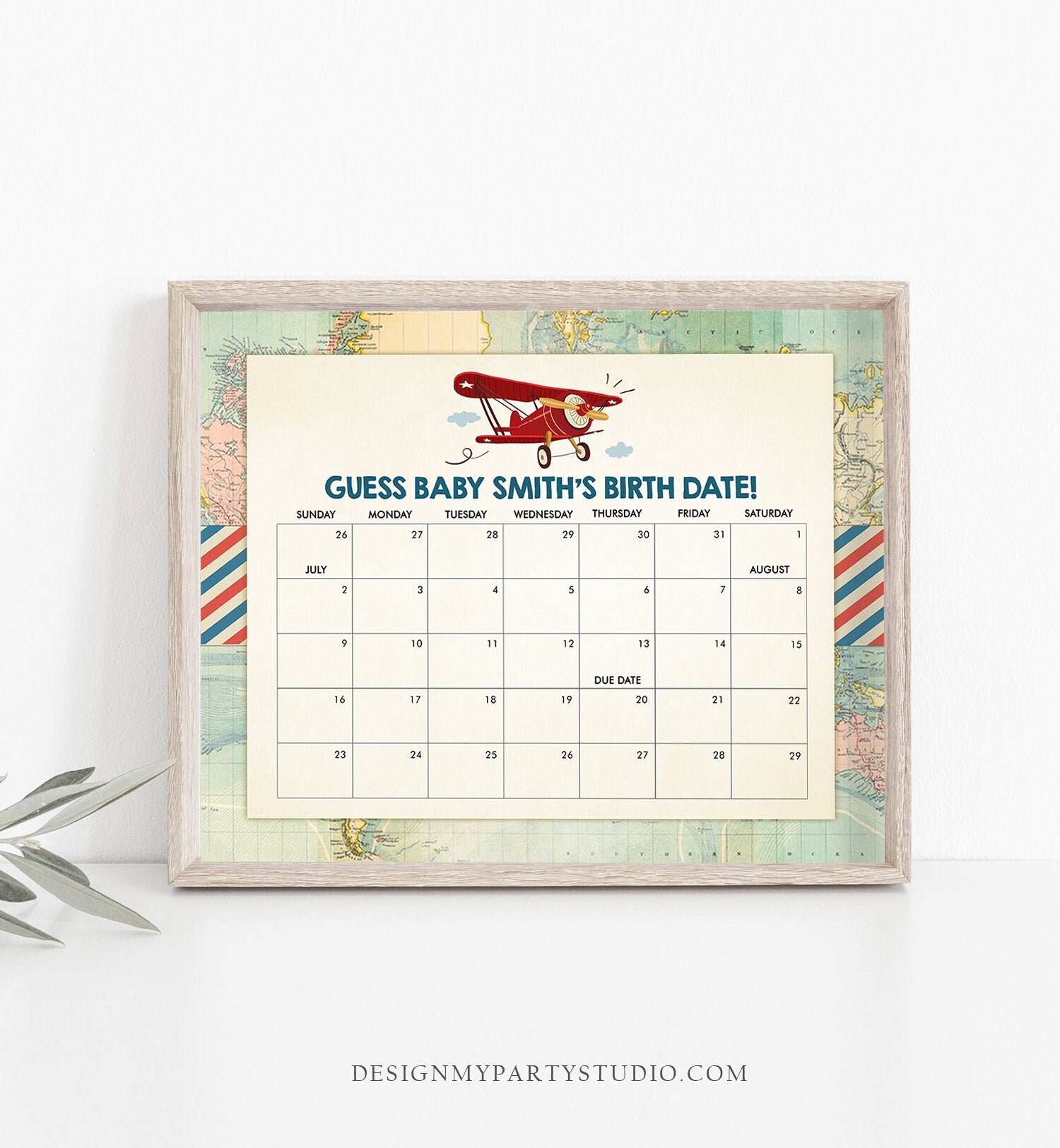 Editable Guess the Birth Date Baby Shower Game Guess Birthday Vintage Airplane Red Travel Adventure Shower Corjl Template Printable 0011