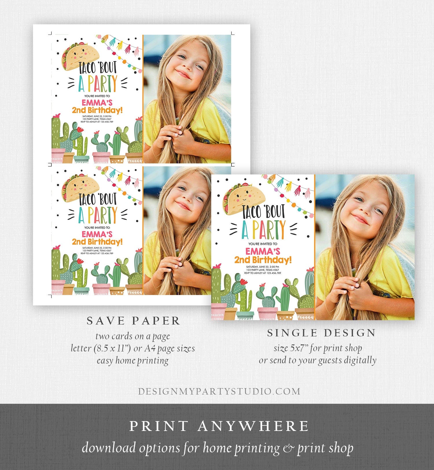 Editable Taco Bout a Party Birthday Invitation ANY AGE Girl Pink Cactus Fiesta Mexican Cinco de Mayo Download Printable Corjl Template 0254