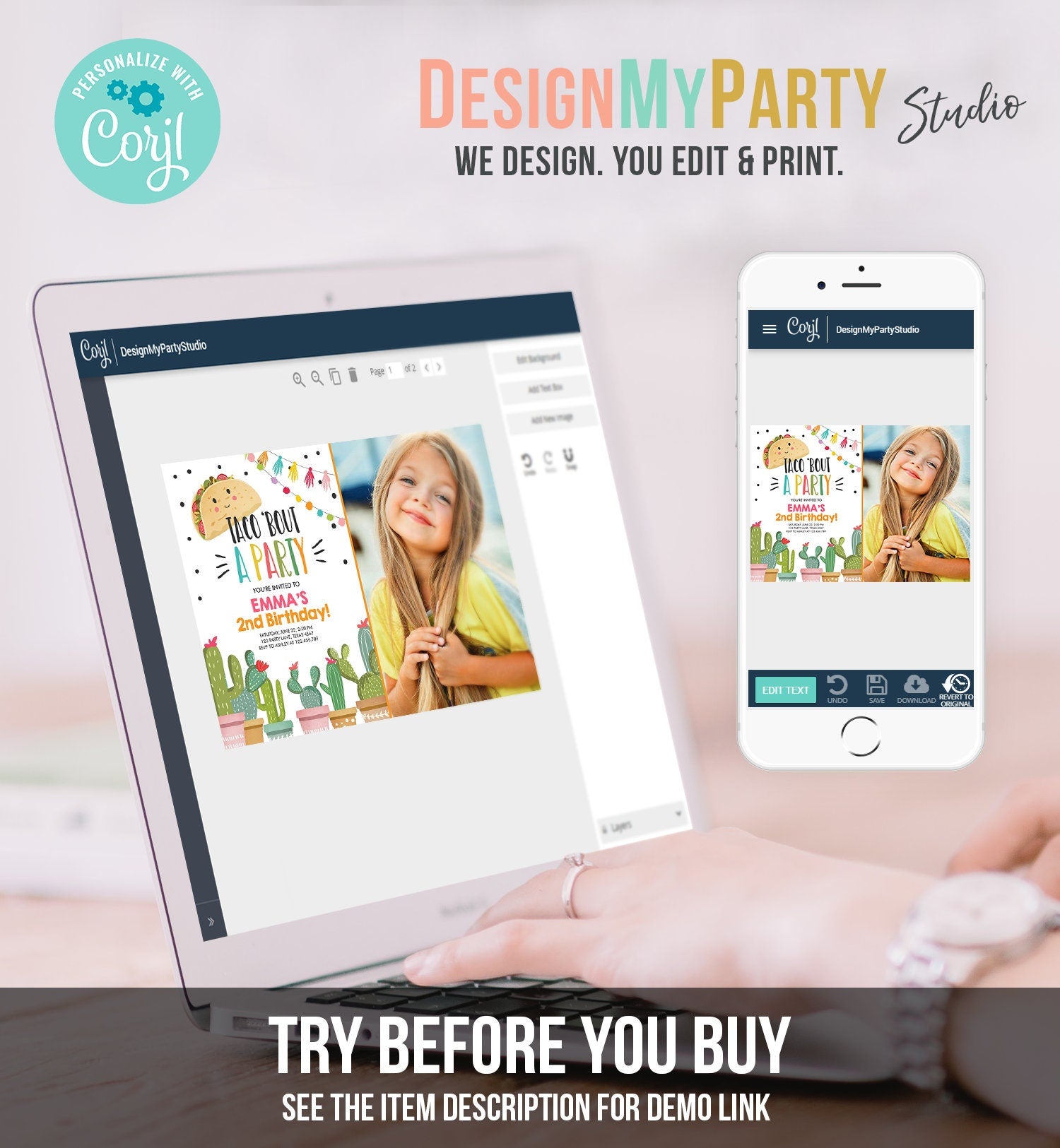 Editable Taco Bout a Party Birthday Invitation ANY AGE Girl Pink Cactus Fiesta Mexican Cinco de Mayo Download Printable Corjl Template 0254