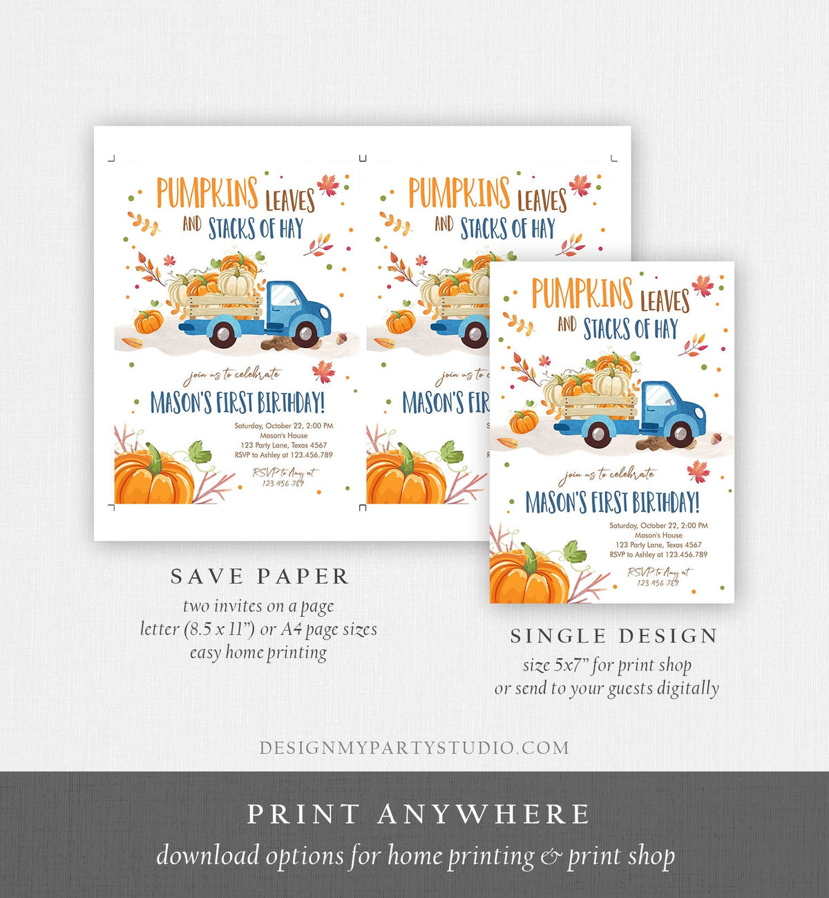 Editable Pumpkin Birthday Invitation Boy Fall Boy Pumpkin Truck Birthday Party Blue Orange Download Printable Invitation Corjl Template 0153