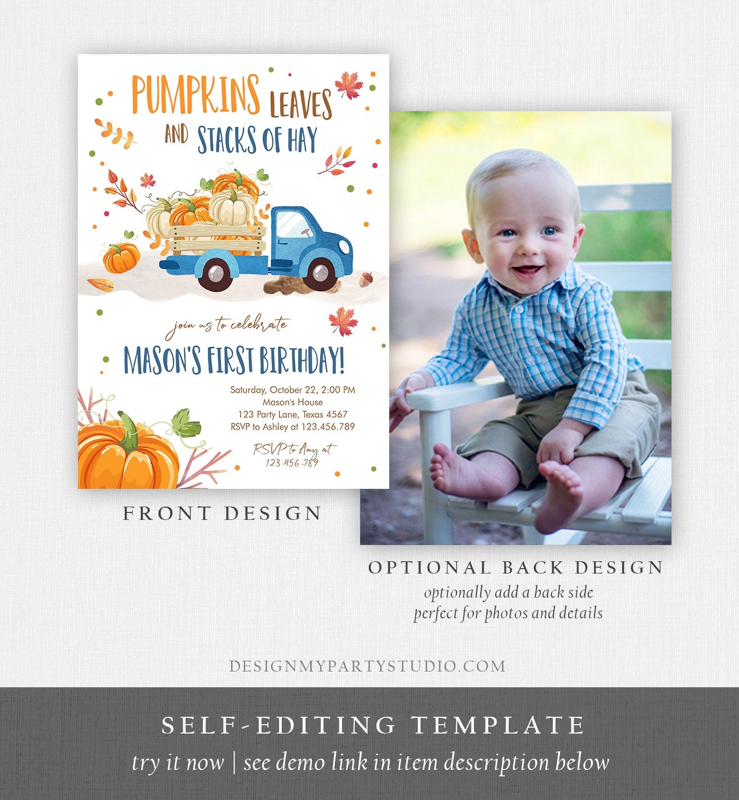 Editable Pumpkin Birthday Invitation Boy Fall Boy Pumpkin Truck Birthday Party Blue Orange Download Printable Invitation Corjl Template 0153
