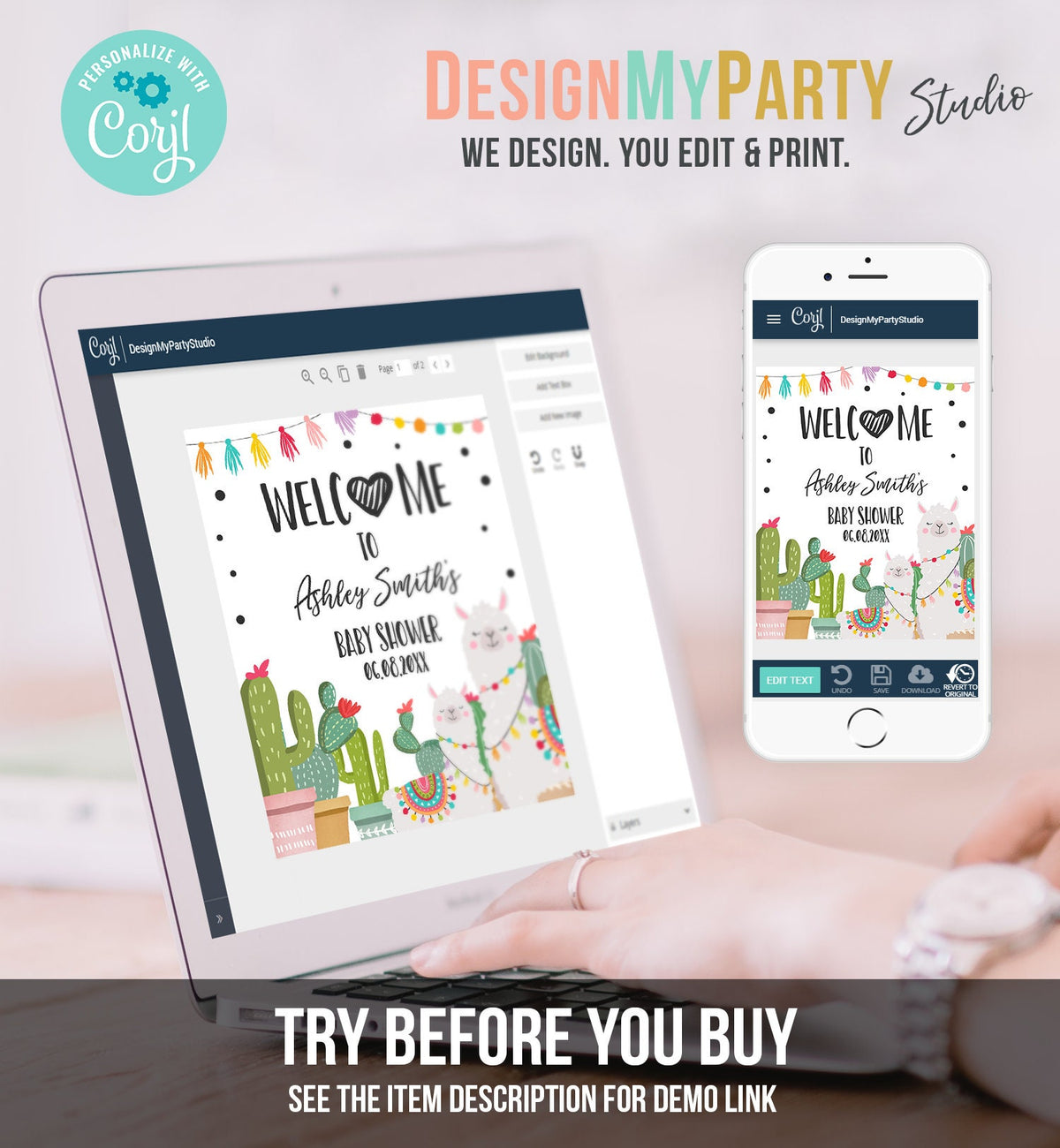 Editable Llama Fiesta Welcome Sign Baby Shower Cactus Mexican Succulent Couples Shower Sprinkle Table Digital Template Printable 0079