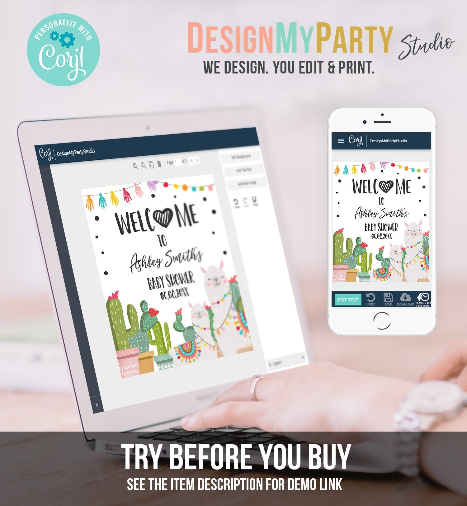 Editable Llama Fiesta Welcome Sign Baby Shower Cactus Mexican Succulent Couples Shower Sprinkle Table Digital Template Printable 0079
