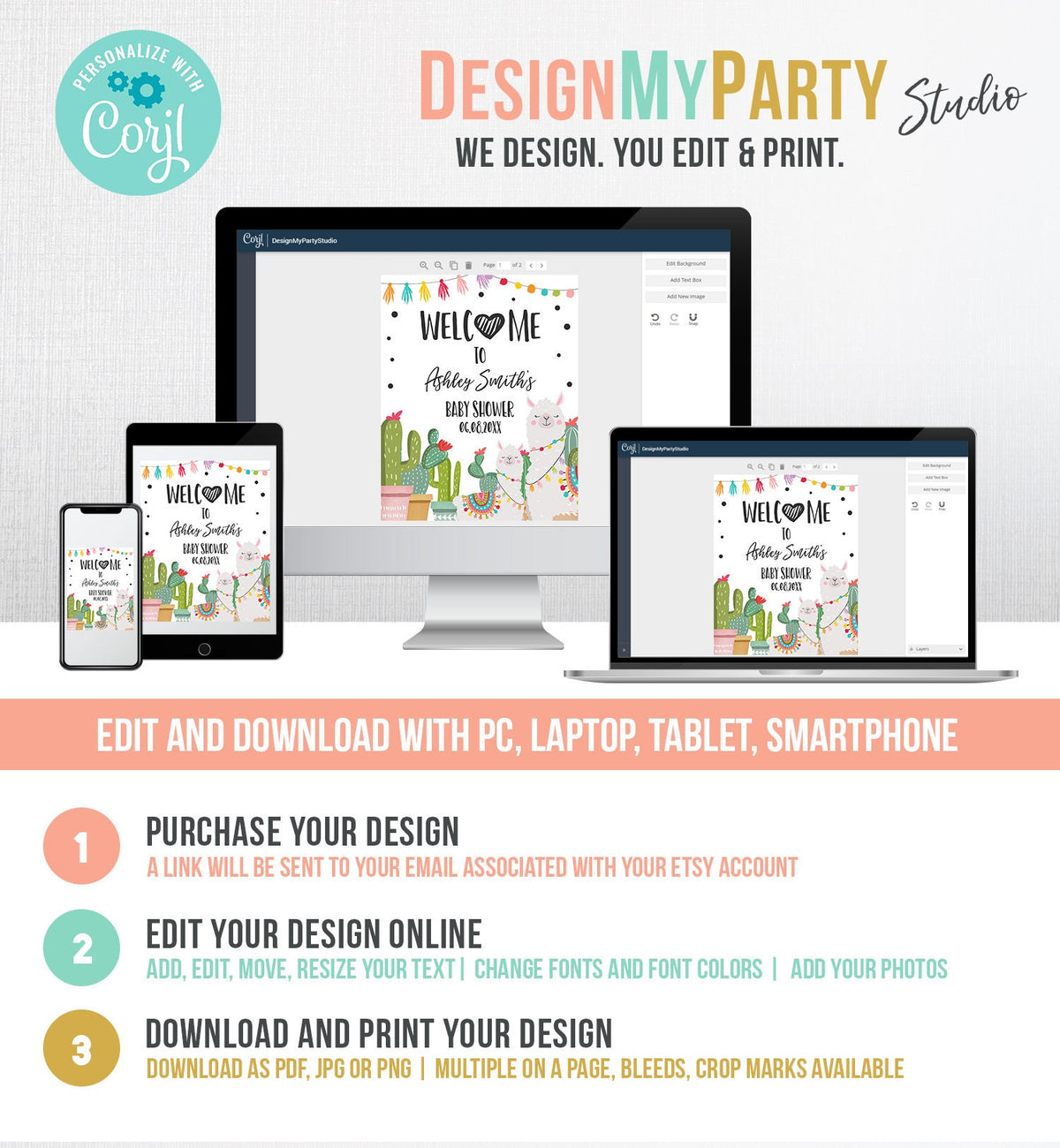 Editable Llama Fiesta Welcome Sign Baby Shower Cactus Mexican Succulent Couples Shower Sprinkle Table Digital Template Printable 0079