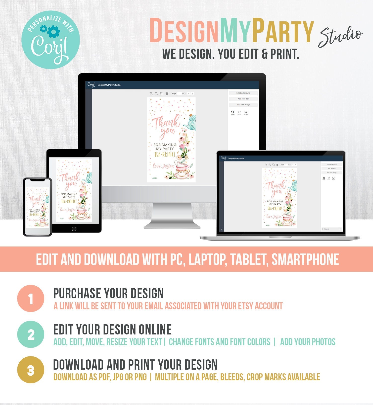 Editable Tea for Two Favor Tags Tea Birthday Thank You Tags Tea-rrific Tea Party Garden Floral Tea pot Gift Tag Digital Corjl Template 0349