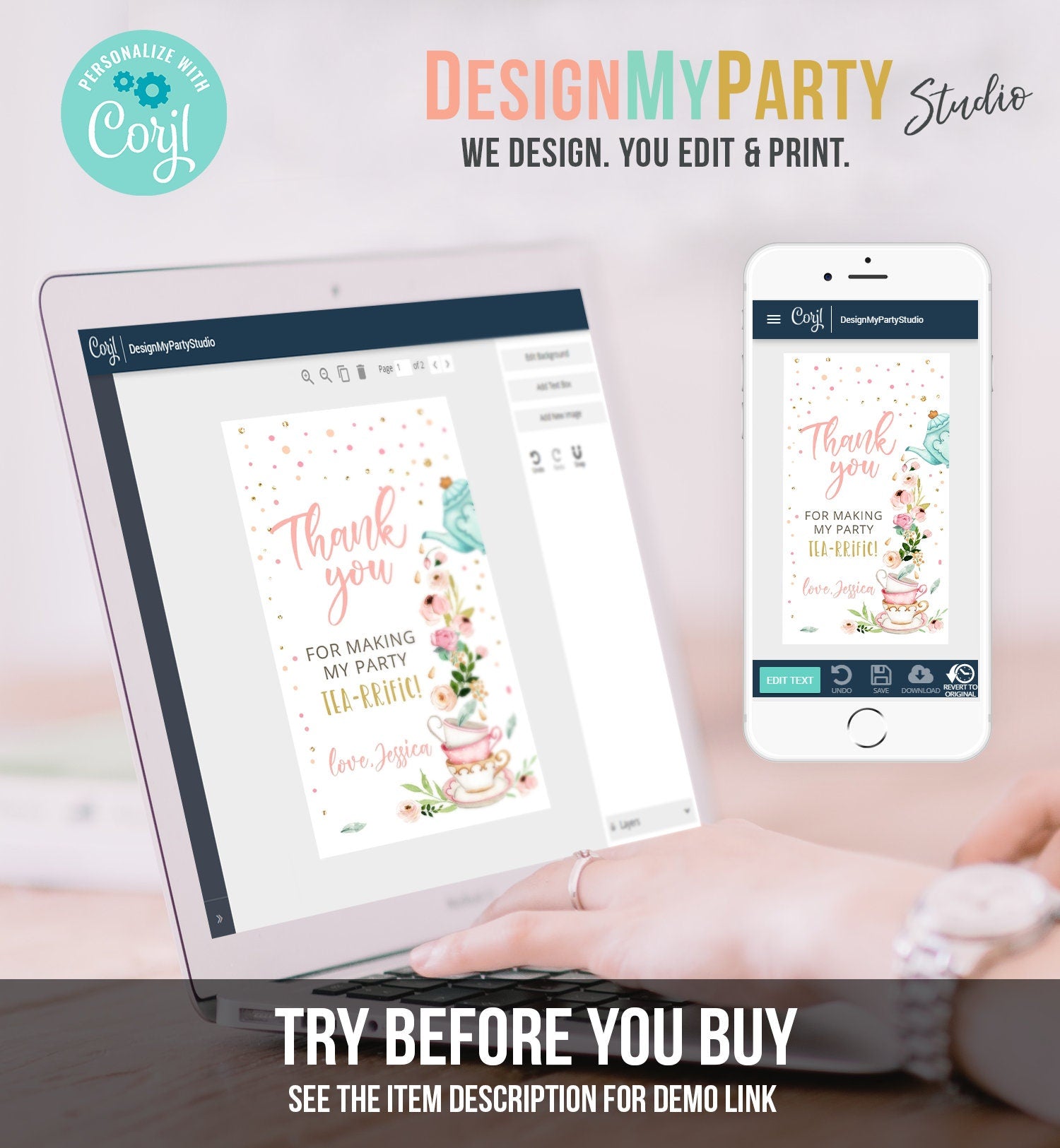 Editable Tea for Two Favor Tags Tea Birthday Thank You Tags Tea-rrific Tea Party Garden Floral Tea pot Gift Tag Digital Corjl Template 0349