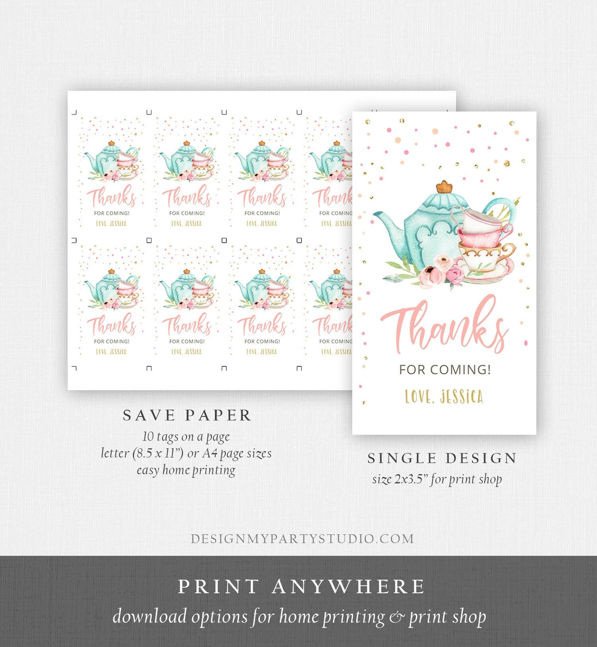 Editable Tea for Two Favor Tags Tea Birthday Thank You Tags Tea-rrific Tea Party Garden Floral Tea pot Gift Tag Digital Corjl Template 0349