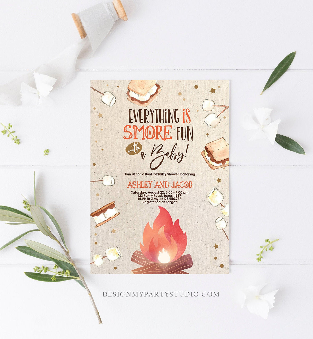 Editable S&#39;more Baby Shower Invitation Bonfire Baby Shower Autumn Couples Shower Invite Fall Smores Neutral Printable Template Corjl 0179
