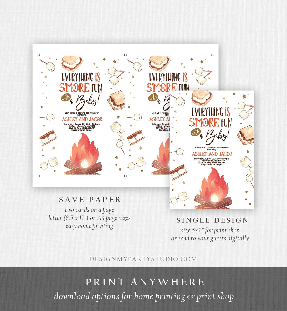 Editable S&#39;more Baby Shower Invitation Bonfire Baby Shower Autumn Couples Shower Fall Smores Digital Download Evite Template Printable 0179