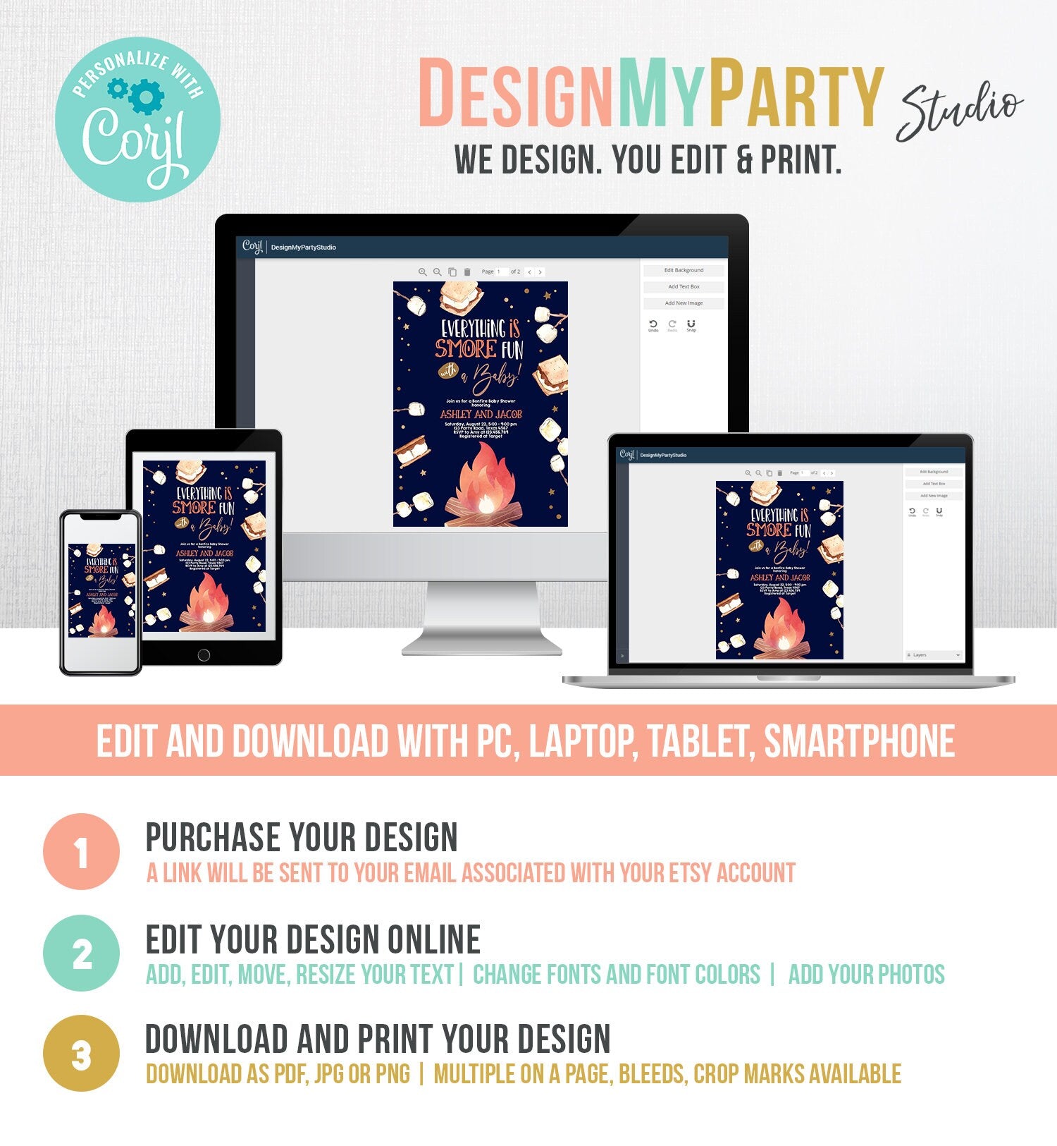 Editable S'more Baby Shower Invitation Bonfire Baby Shower Autumn Couples Fall Smores Neutral Digital Download Template Printable 0179