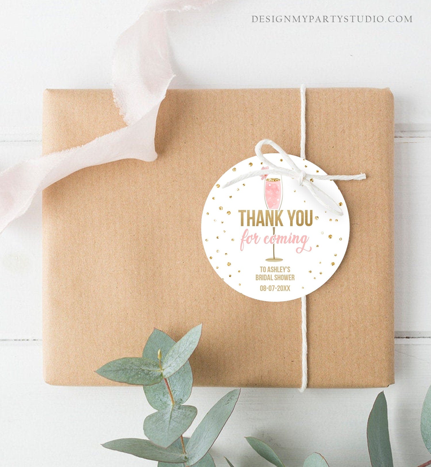 Editable Brunch and Bubbly Thank you Stickers Bubbly Bridal shower favor tags Pink Gold Floral printable Tag Template PRINTABLE Corjl 0150