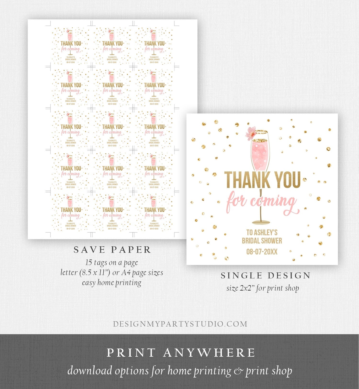 Editable Brunch and Bubbly Thank you Stickers Bubbly Bridal shower favor tags Pink Gold Floral printable Tag Template PRINTABLE Corjl 0150