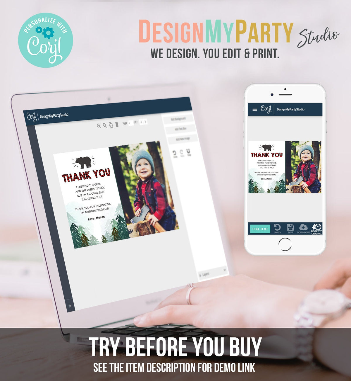 Editable Lumberjack Thank You Card Birthday Rustic Wild One Bear Forest Buffalo Plaid Trees Digital Download Template Printable 0377