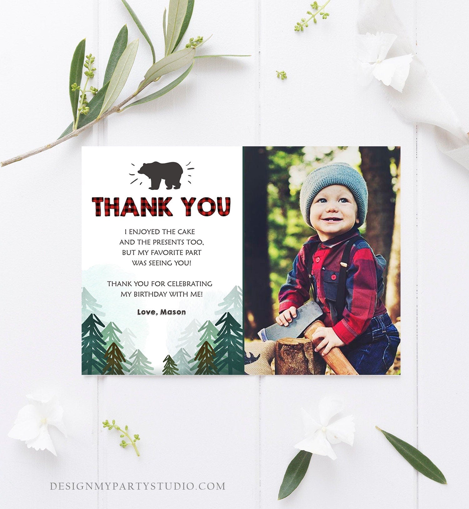 Editable Lumberjack Thank You Card Birthday Rustic Wild One Bear Forest Buffalo Plaid Trees Digital Download Template Printable 0377