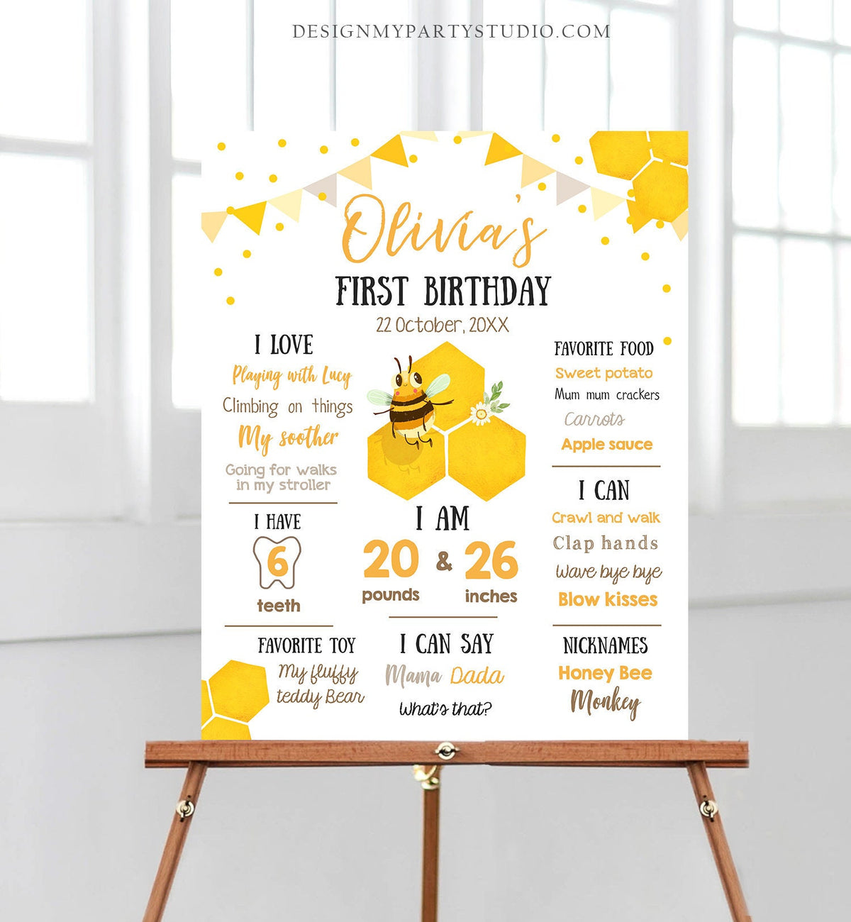 Editable Birthday Milestones Sign Bee First Birthday Honey Bee Decor Bumble Bee Summer Neutral Girl Download Template Printable Corjl 0317