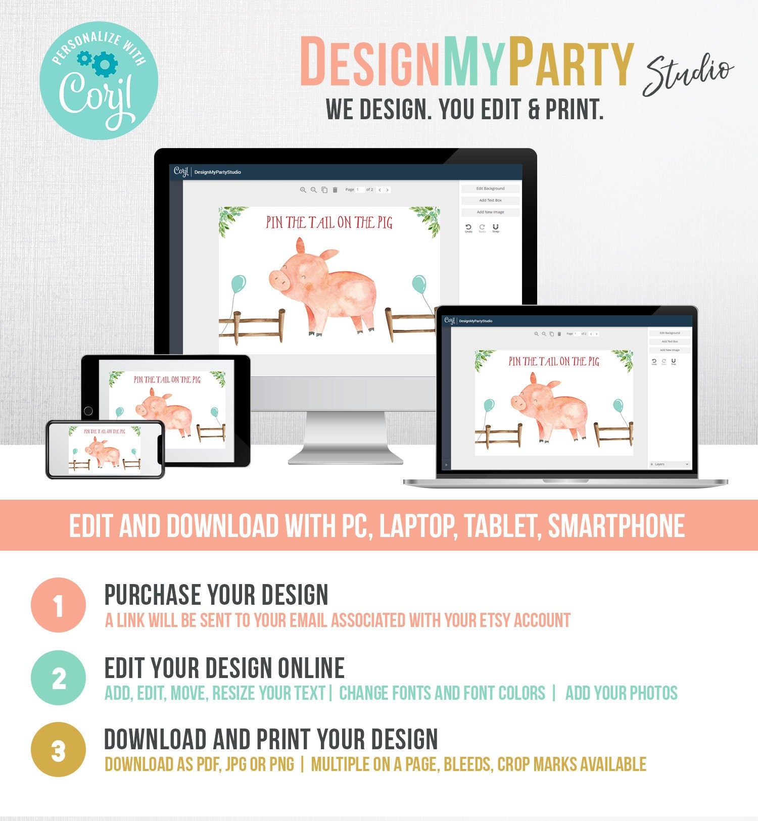 Editable Pin the Tail on the Pig Boy Neutral Farm Birthday Game Farm Animals Party Animals Decor Barnyard Download Printable Corjl 0155 0188