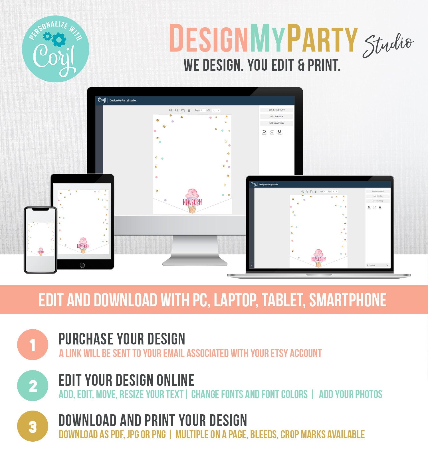 Editable Ice Cream Monthly Photo Banner First Birthday Girl Pink Gold Sweet One Teal Decor Instant Digital Download Template Printable 0243