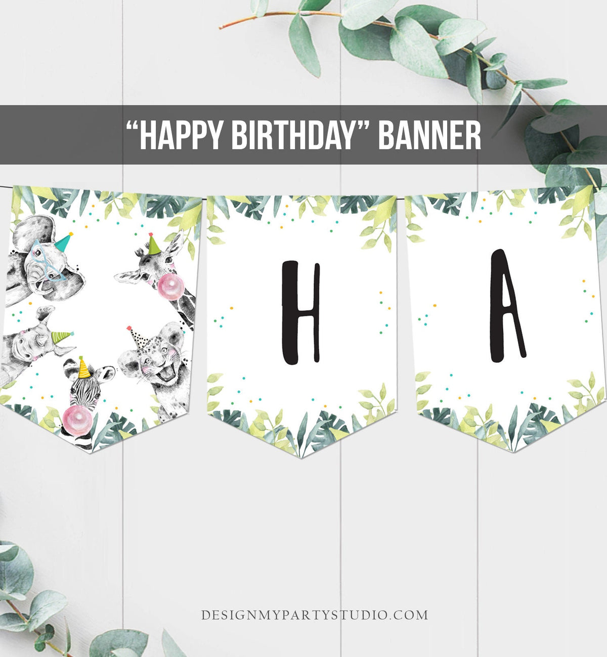 Happy Birthday Banner Safari Animals Blue Teal Party Animals Wild One Birthday Boy Zoo Decorations Instant download PRINTABLE DIGITAL 0322