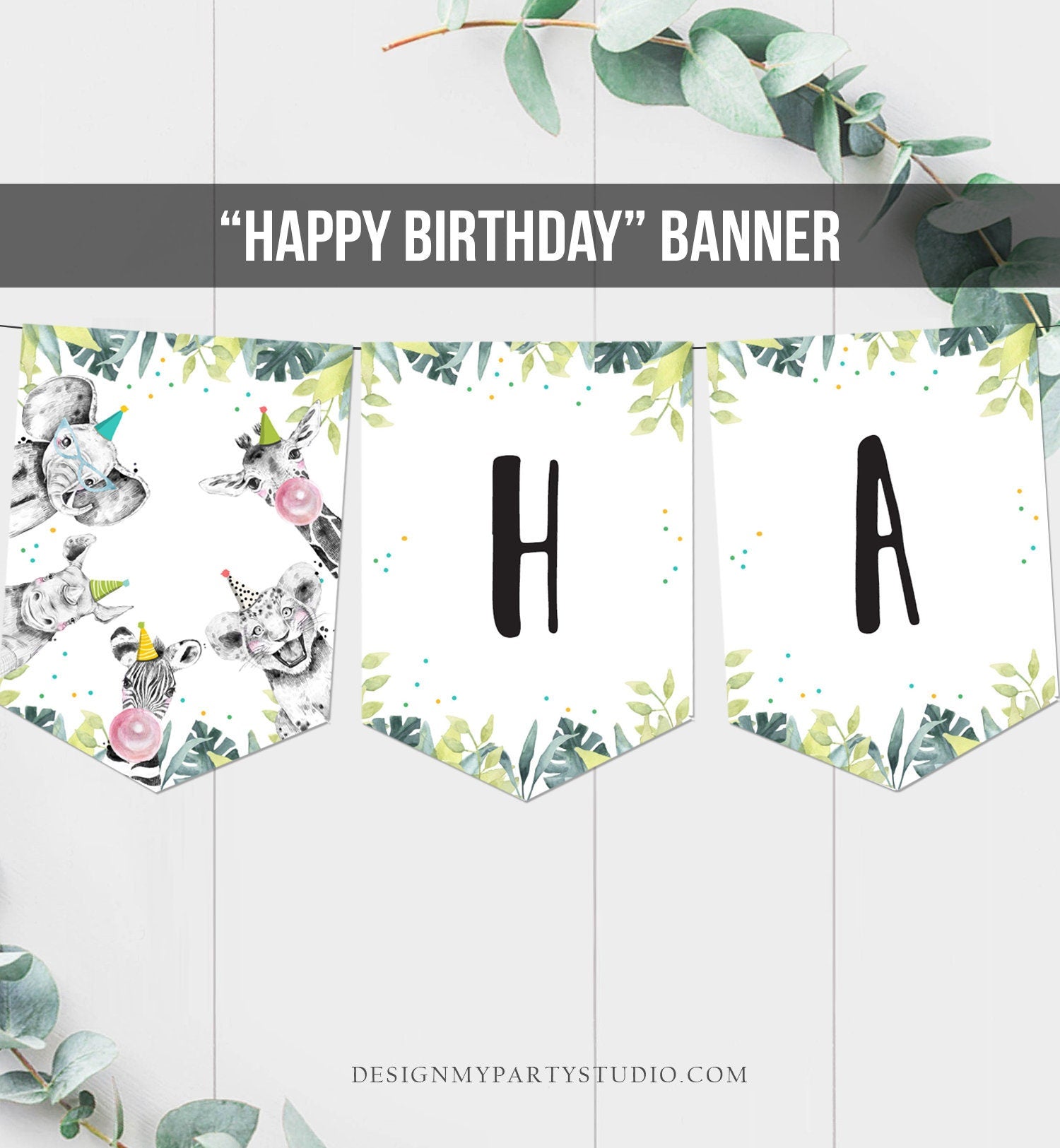 Happy Birthday Banner Safari Animals Blue Teal Party Animals Wild One Birthday Boy Zoo Decorations Instant download PRINTABLE DIGITAL 0322
