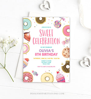 Editable Sweet Celebration Invitation Candy Birthday Invite Sweet Shoppe Donuts Girl Pink Sweets Candy Instant Download Digital Corjl 0339
