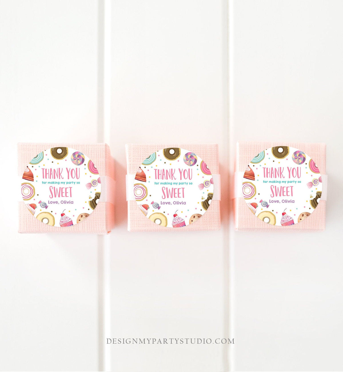 Editable Sweet Celebration Thank You Tags Sweet Shoppe Candy Sweets Gift Favor Girl Pink Donuts Round Square Sticker Corjl Template 0339