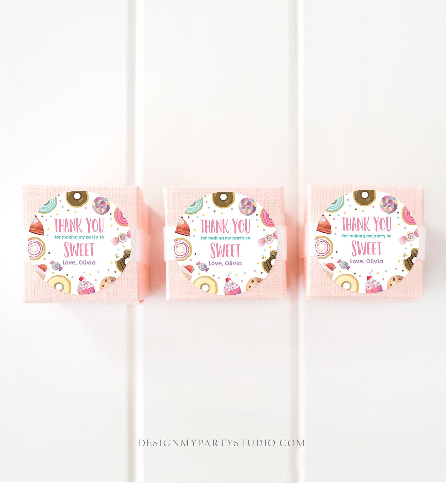 Editable Sweet Celebration Thank You Tags Sweet Shoppe Candy Sweets Gift Favor Girl Pink Donuts Round Square Sticker Corjl Template 0339