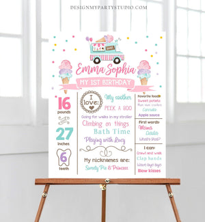Editable Ice Cream Birthday Milestones Sign Girl Pink First Birthday Ice Cream Truck 1st Cone Sweet Download Corjl Template Printable 0243
