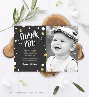 Editable Mr Onederful Thank You Card Black and Gold Boy Birthday Bow Tie Confetti 1st Birthday Printable Template Digital Corjl 0072
