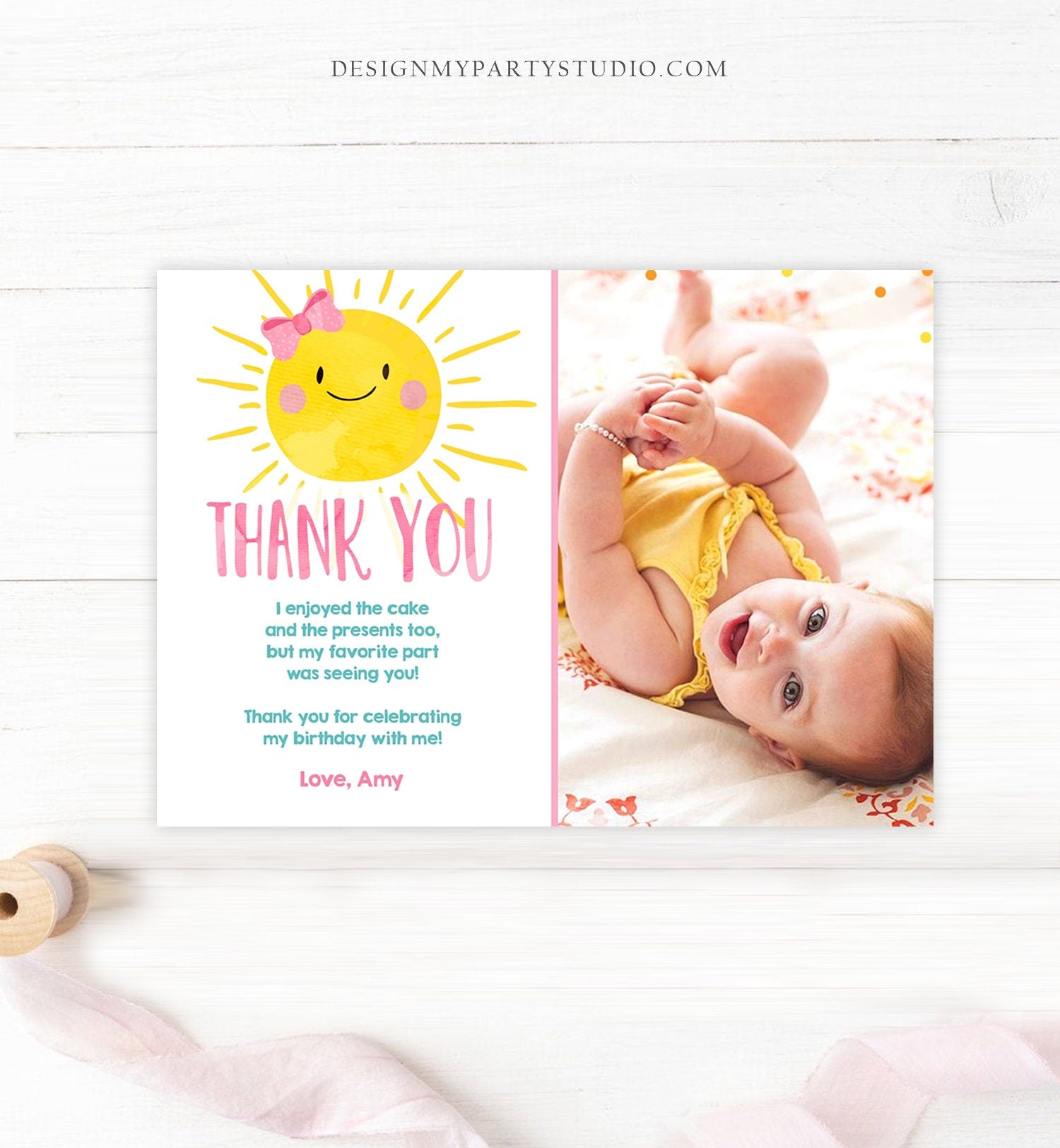 Editable Little Sunshine Thank You Card Birthday Party Pink Girl Bow Baby Shower First Birthday Digital Download Template Printable 0141