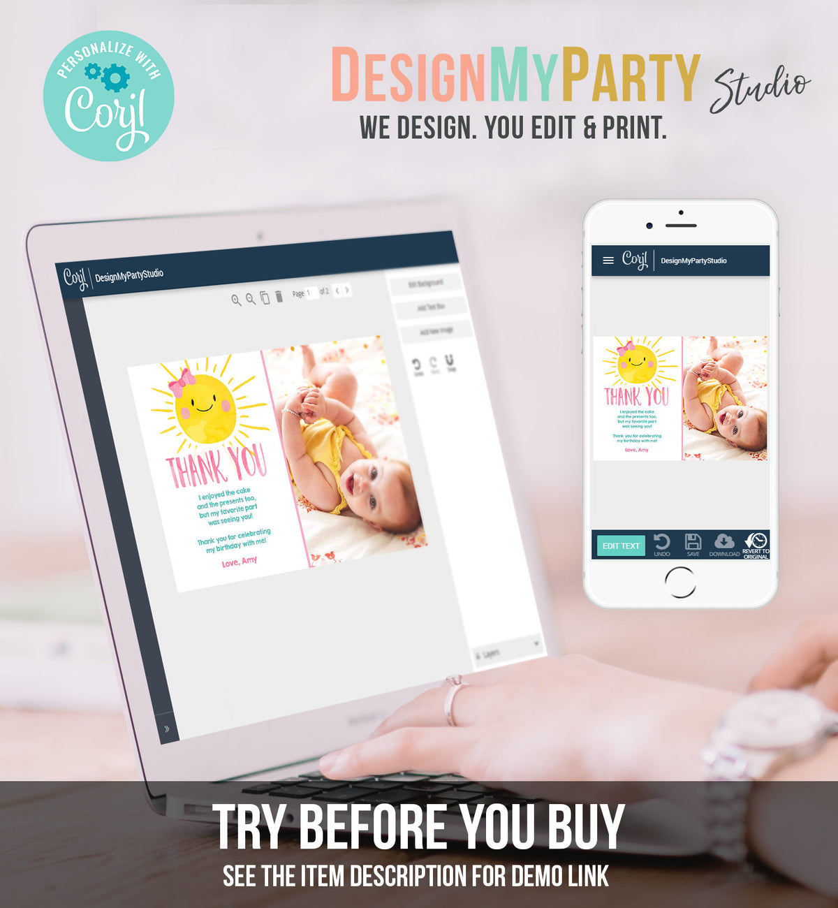 Editable Little Sunshine Thank You Card Birthday Party Pink Girl Bow Baby Shower First Birthday Digital Download Template Printable 0141