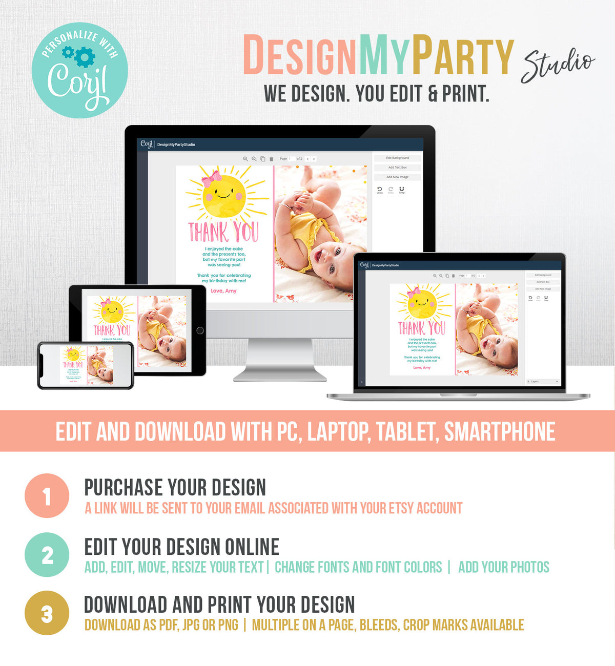 Editable Little Sunshine Thank You Card Birthday Party Pink Girl Bow Baby Shower First Birthday Digital Download Template Printable 0141