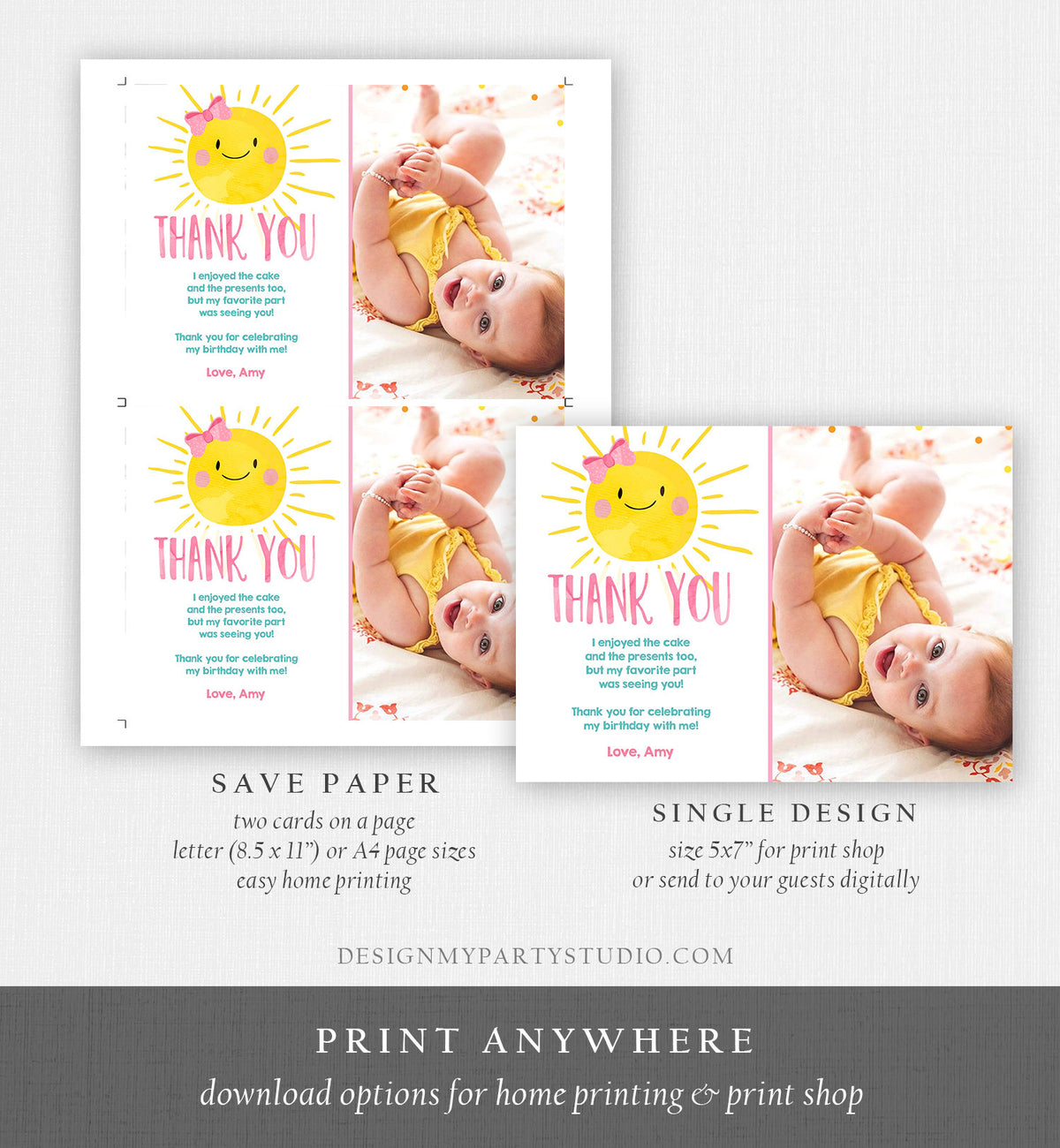 Editable Little Sunshine Thank You Card Birthday Party Pink Girl Bow Baby Shower First Birthday Digital Download Template Printable 0141