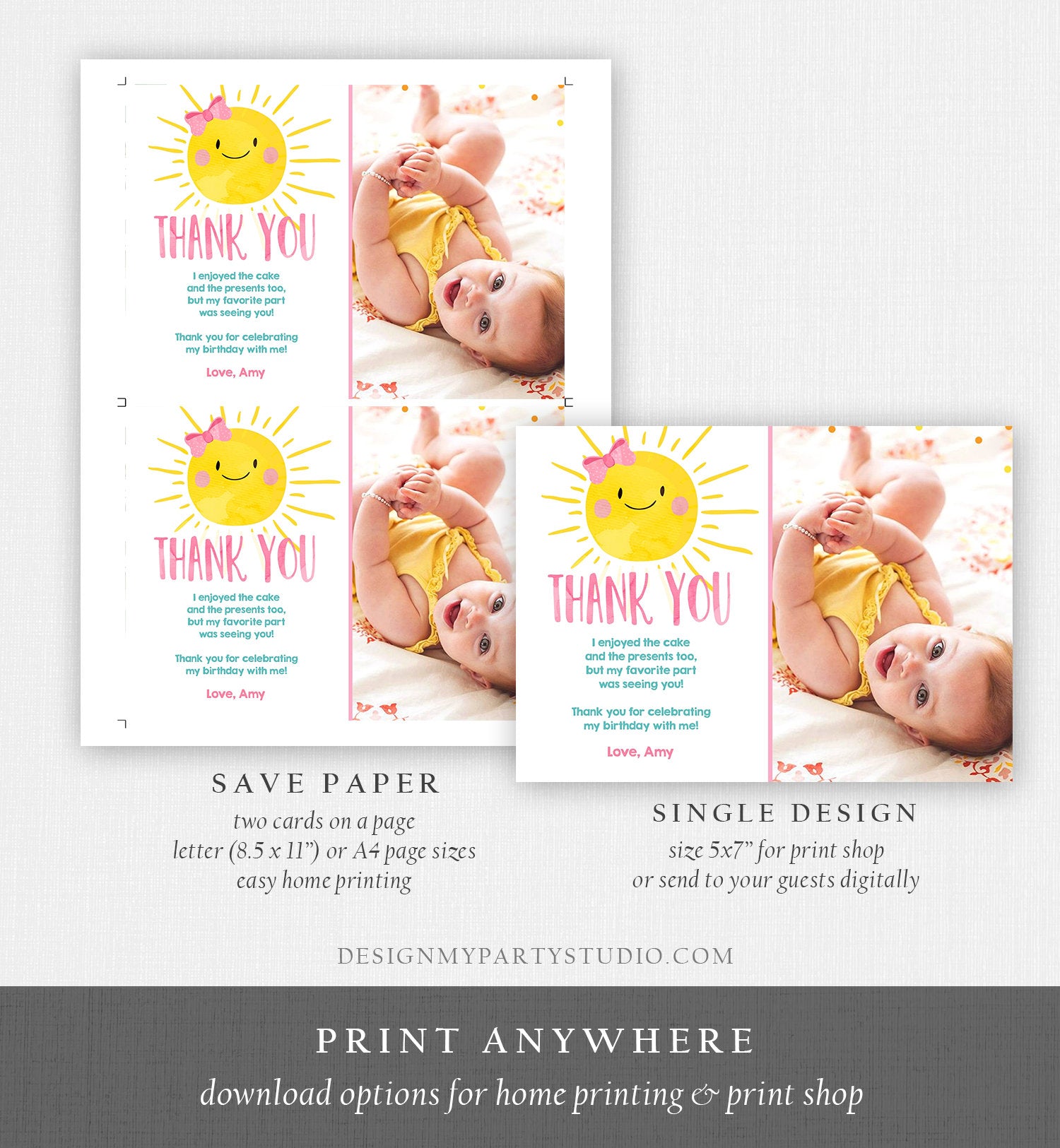 Editable Little Sunshine Thank You Card Birthday Party Pink Girl Bow Baby Shower First Birthday Digital Download Template Printable 0141