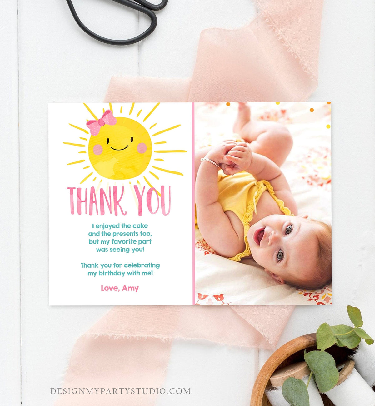 Editable Little Sunshine Thank You Card Birthday Party Pink Girl Bow Baby Shower First Birthday Digital Download Template Printable 0141