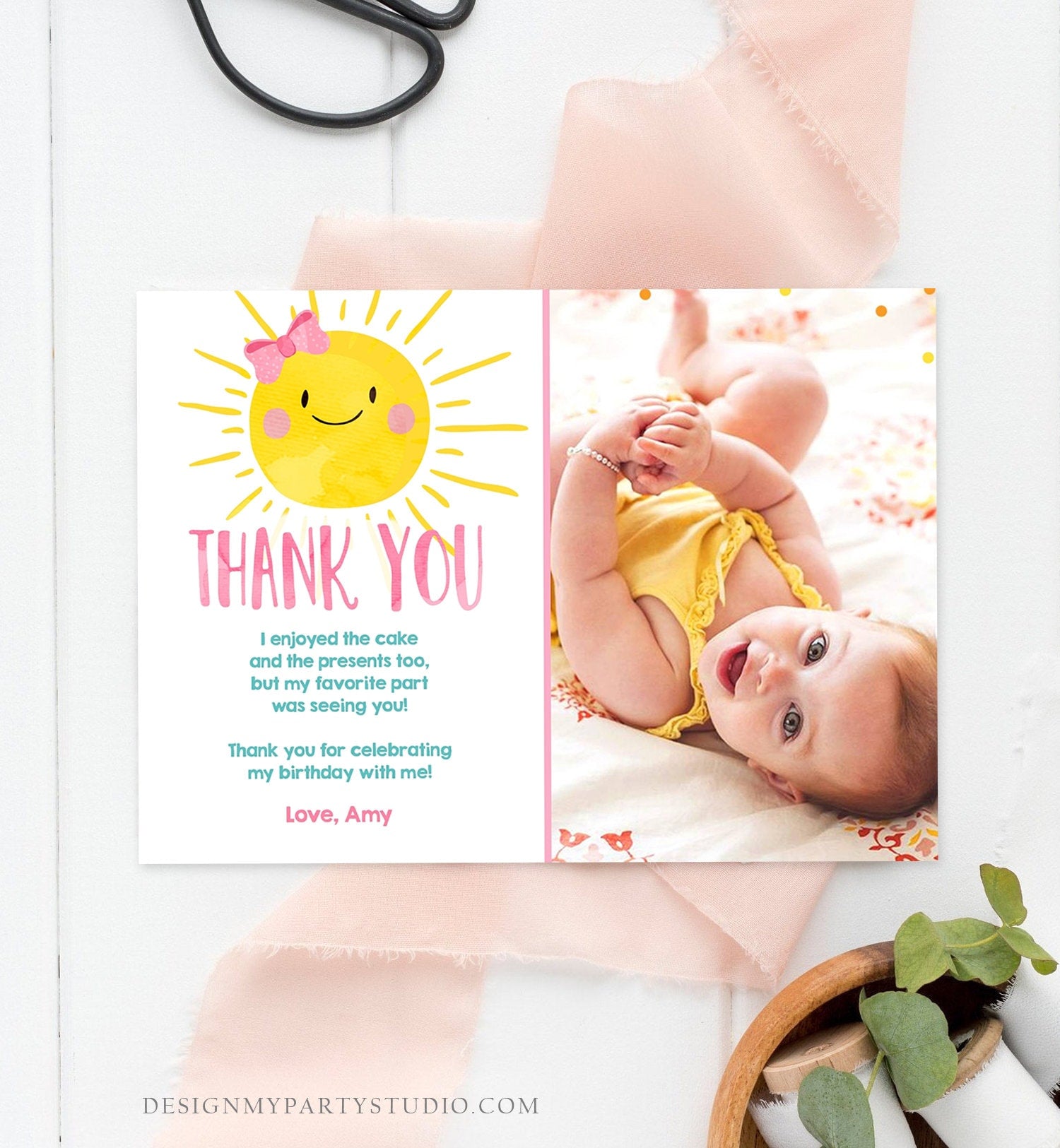 Editable Little Sunshine Thank You Card Birthday Party Pink Girl Bow Baby Shower First Birthday Digital Download Template Printable 0141
