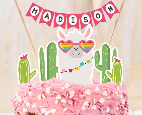 Llama Cake Topper Llama Birthday Llama Party Decor Fiesta Mexican Girl Birthday Cake Name Banner Heart Sunglasses PRINTABLE Digital 0079