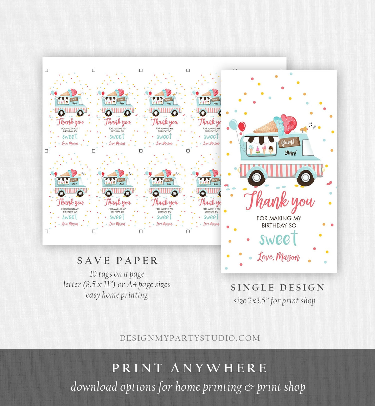 Editable Ice Cream Truck Favor Thank You Tag Ice Cream Birthday Party Neutral Boy Gift Goodie Bag Label Digital Template Printable 0243