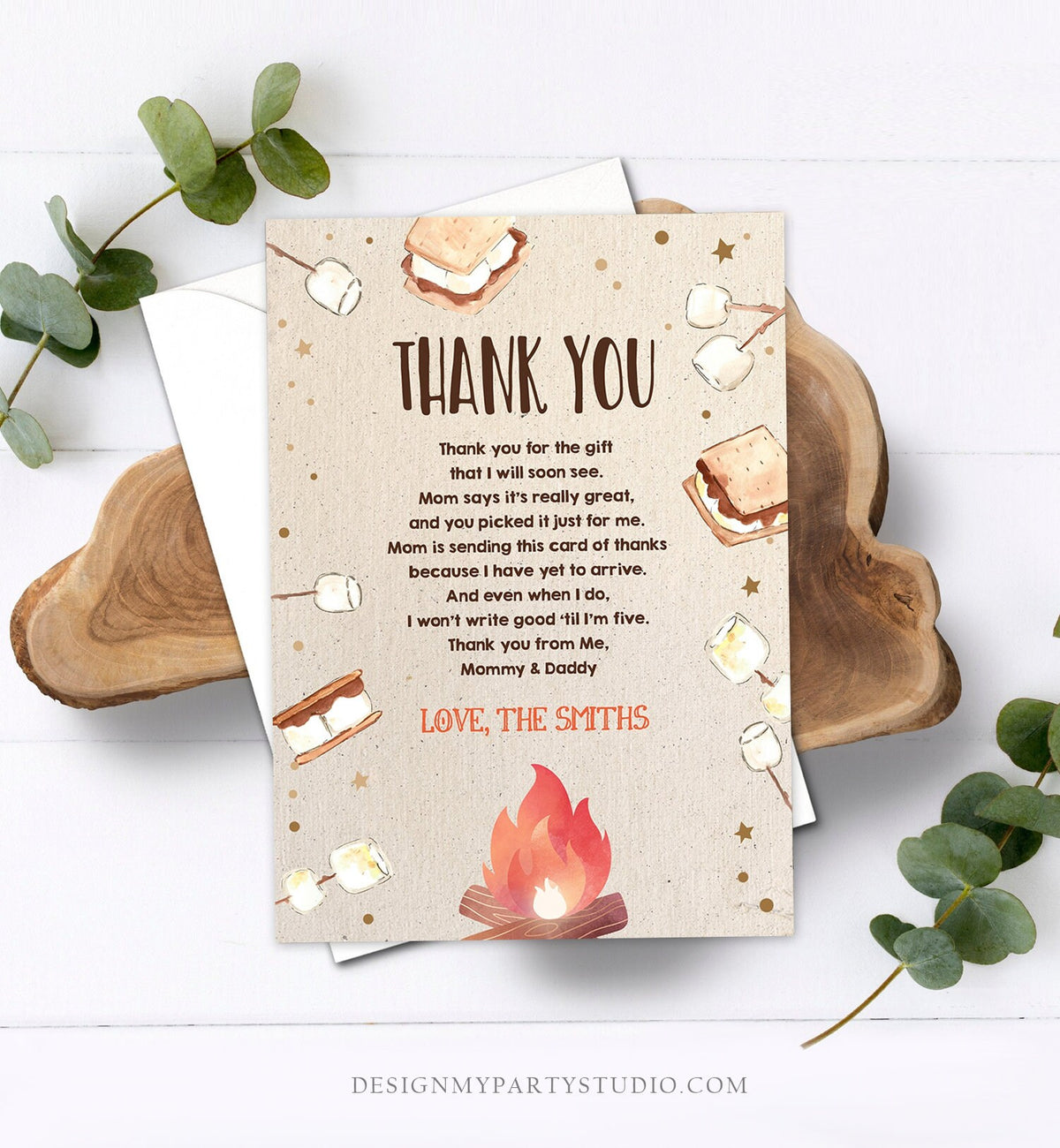 Editable Baby shower Thank you Card S&#39;more fun Smores Thank You Rustic Gender Neutral Fall Autumn Template Instant Download Corjl 0179